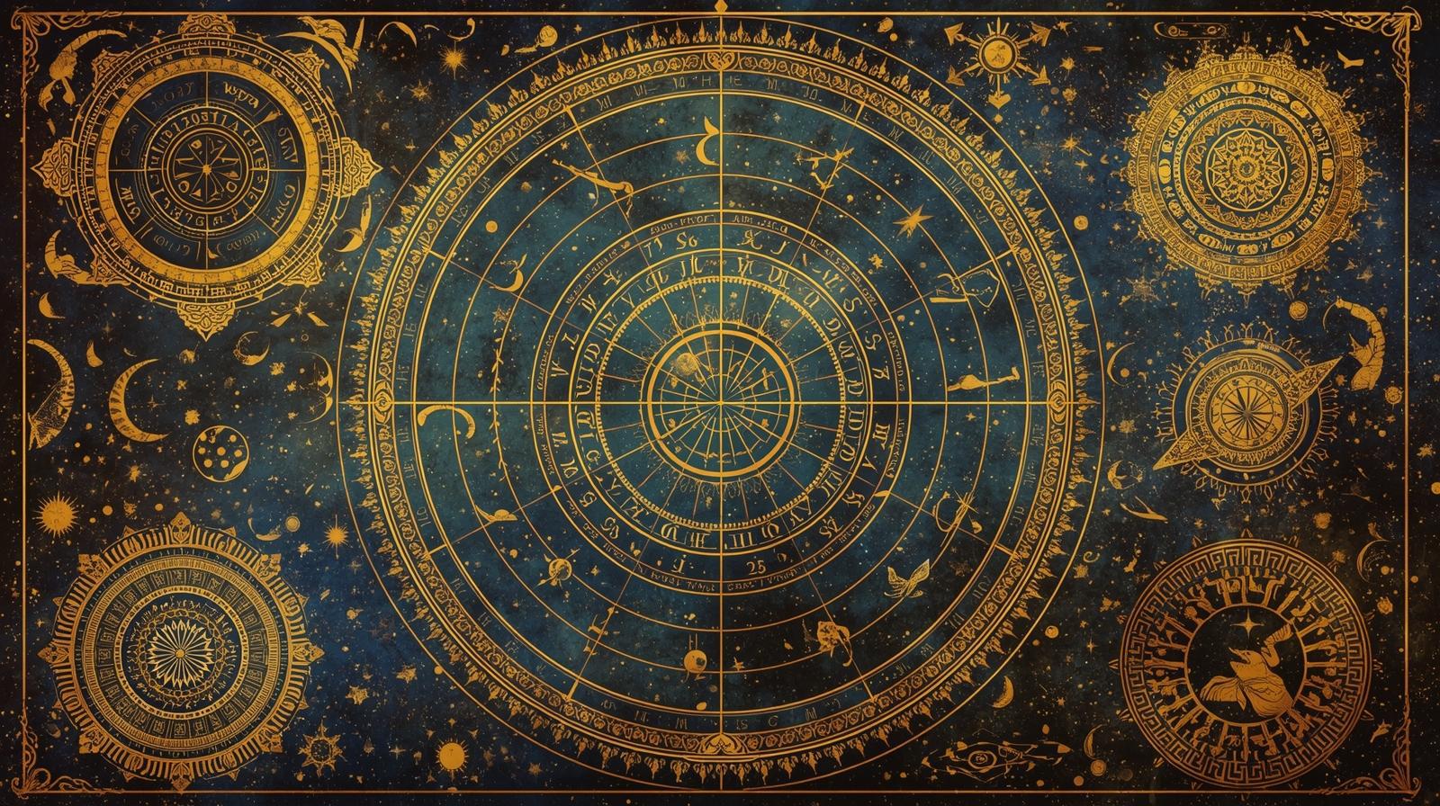 Celestial map with ornate gold symbols on deep blue